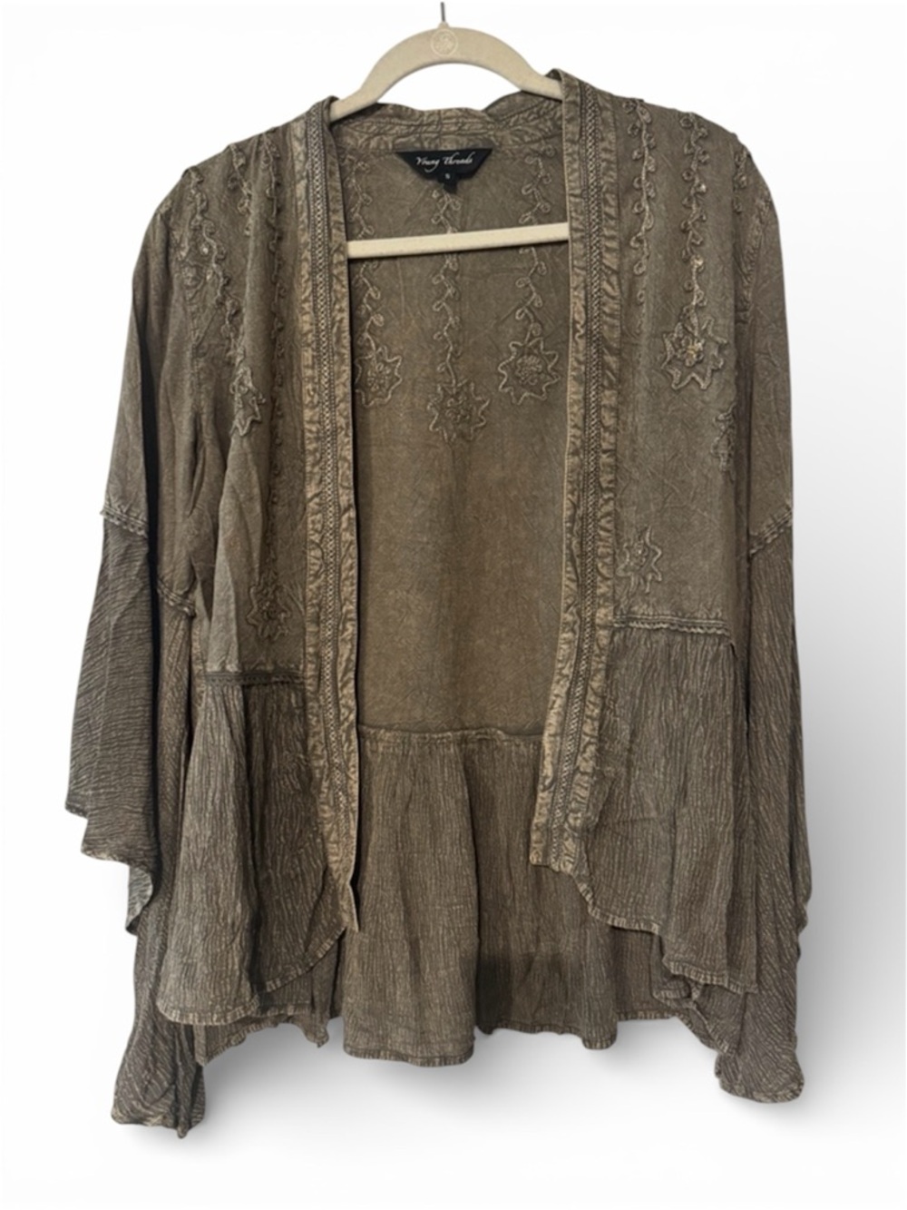 NWOT Young Threads Embroidered Open-Front Cardigan in Olive Taupe